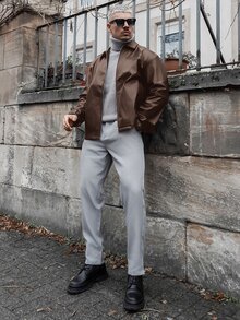 Artur Kramer Men's Woven Fashion Casual Young PU Leather Fitted Long Sleeve Zip Jacket, For Spring, Outdoor - Brown - View 6