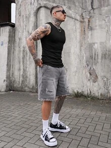 Artur Kramer 男士纯色圆领罗纹休闲背心 - 黑色 - 查看 5