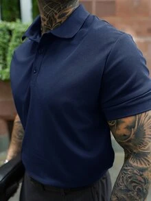 Artur Kramer Men's Summer Casual Solid Color Short Sleeve Polo Shirt - Navy Blue - View 3