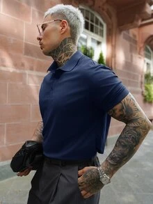 Artur Kramer Men's Summer Casual Solid Color Short Sleeve Polo Shirt - Navy Blue - View 6