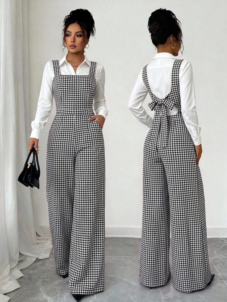 Elenzga Women's Autumn/Winter Black And White Houndstooth Sleeveless Square Neck High Waist Bow Back Hollow Out Casual Jumpsuit, Elegant Sophisticated Office Wear, High Aura Outfit For Formal Meetings And Occasions, Back To School Season, Teacher's Day, Autumn New Arrival Essential Fashion Item, Niche Design Versatile Jumpsuit - Black and White - View 1