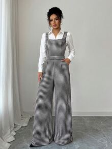 Elenzga Women's Autumn/Winter Black And White Houndstooth Sleeveless Square Neck High Waist Bow Back Hollow Out Casual Jumpsuit, Elegant Sophisticated Office Wear, High Aura Outfit For Formal Meetings And Occasions, Back To School Season, Teacher's Day, Autumn New Arrival Essential Fashion Item, Niche Design Versatile Jumpsuit - Black and White - View 5