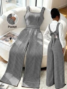 Elenzga Women's Autumn/Winter Black And White Houndstooth Sleeveless Square Neck High Waist Bow Back Hollow Out Casual Jumpsuit, Elegant Sophisticated Office Wear, High Aura Outfit For Formal Meetings And Occasions, Back To School Season, Teacher's Day, Autumn New Arrival Essential Fashion Item, Niche Design Versatile Jumpsuit - Black and White - View 3