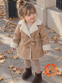 SHEIN Baby Girl Woven Solid Color Cute Faux Fur Collar Long Trench Winter Coat - Khaki - View 1