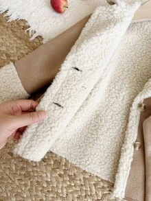 SHEIN Baby Girl Woven Solid Color Cute Faux Fur Collar Long Trench Winter Coat - Khaki - View 5
