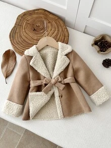 SHEIN Baby Girl Woven Solid Color Cute Faux Fur Collar Long Trench Winter Coat - Khaki - View 2