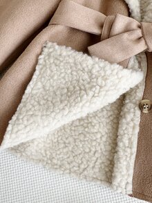SHEIN Baby Girl Woven Solid Color Cute Faux Fur Collar Long Trench Winter Coat - Khaki - View 3