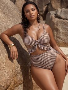Swim Chiccia Plus Size Women One-Piece Swimsuit, Special Fabric, Deep V-Neck, Adjustable Straps, Removable Pads, Ruffle Hem, Drawstring Waist, Fashionable & Sexy, Suitable For Casual, Holiday, Beach, Swimming - Multicolor - View 4