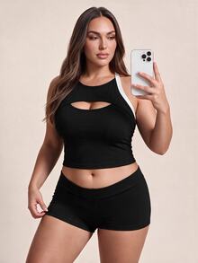 Rhythm Era Women's Plus Size Sexy Cutout Striped Colorblock Sports Tank Top - Black and White - View 4