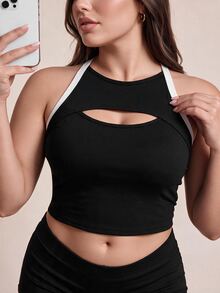 Rhythm Era Women's Plus Size Sexy Cutout Striped Colorblock Sports Tank Top - Black and White - View 3