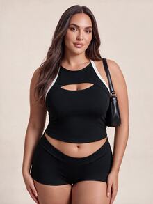 Rhythm Era Women's Plus Size Sexy Cutout Striped Colorblock Sports Tank Top - Black and White - View 5