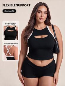 Rhythm Era Women's Plus Size Sexy Cutout Striped Colorblock Sports Tank Top - Black and White - View 1