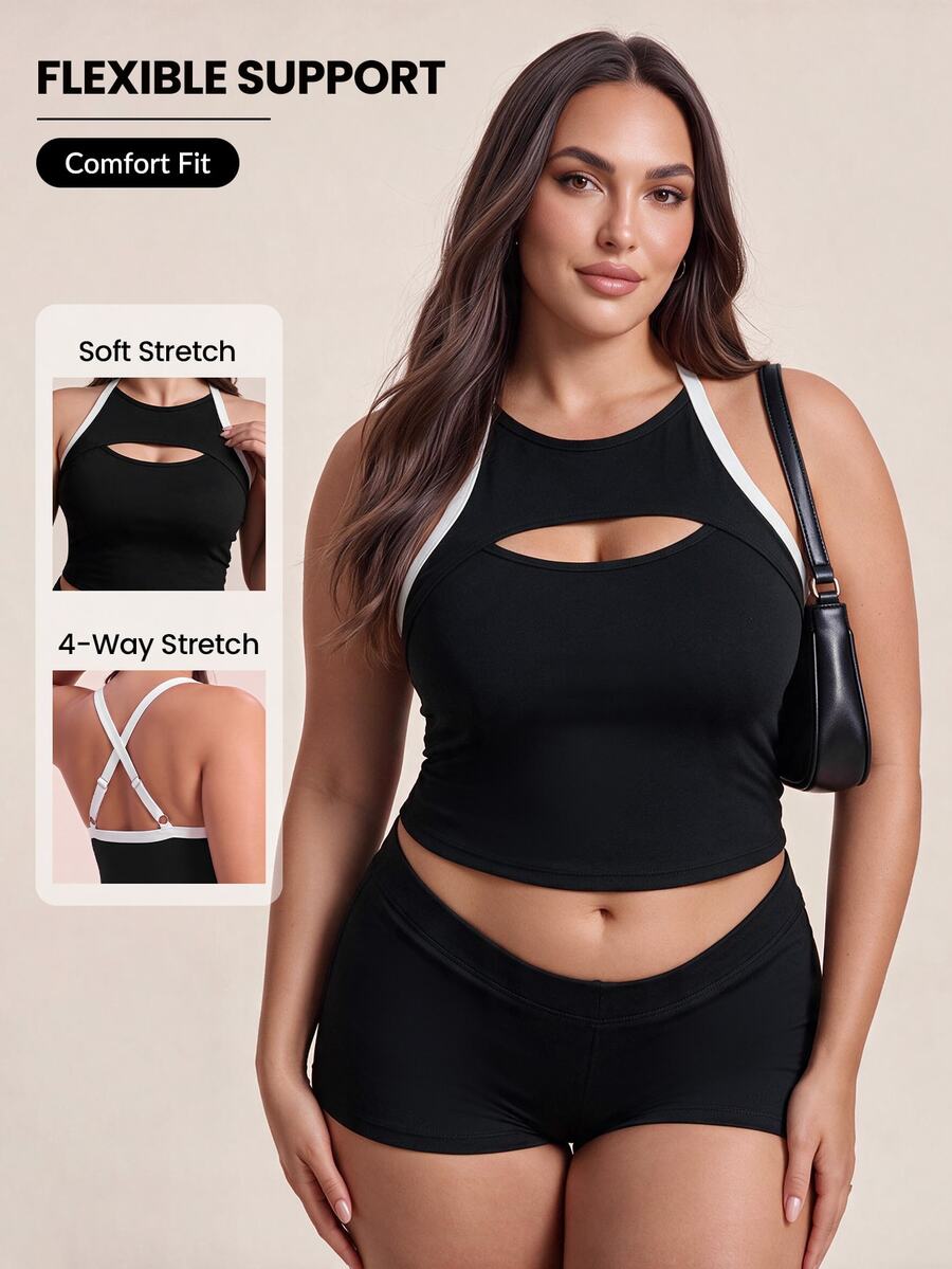 Rhythm Era Women's Plus Size Sexy Cutout Striped Colorblock Sports Tank Top - Black and White - View 1