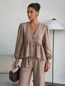 Lavishia Women's Summer Long Sleeve Lantern Sleeve Comfortable Linen Set, Ruffle Top And Brown Striped Pant Set, Suitable For Vacation, Casual Wear Brunch - Multicolor - View 1