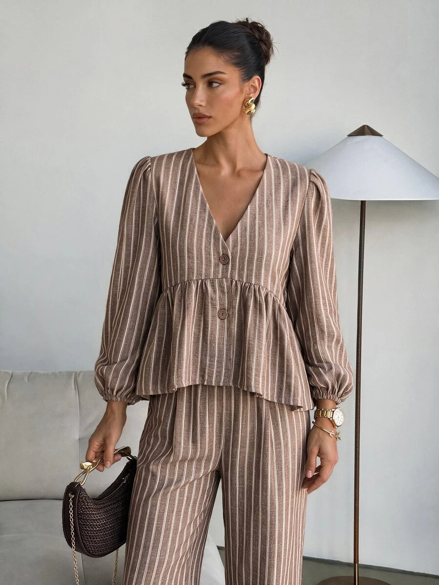 Lavishia Women's Summer Long Sleeve Lantern Sleeve Comfortable Linen Set, Ruffle Top And Brown Striped Pant Set, Suitable For Vacation, Casual Wear Brunch - Multicolor - View 1