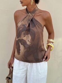 Lavishia Women's Summer Floral Printed Top Romantic Vacation Beach - Coffee Brown - View 8