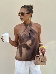 Lavishia Women's Summer Floral Printed Top Romantic Vacation Beach - Coffee Brown - View 7
