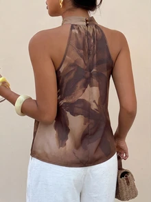 Lavishia Women's Summer Floral Printed Top Romantic Vacation Beach - Coffee Brown - View 4