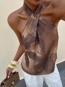 Lavishia Women's Summer Floral Printed Top Romantic Vacation Beach - Coffee Brown - View 6