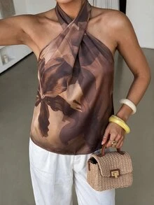 Lavishia Women's Summer Floral Printed Top Romantic Vacation Beach - Coffee Brown - View 2