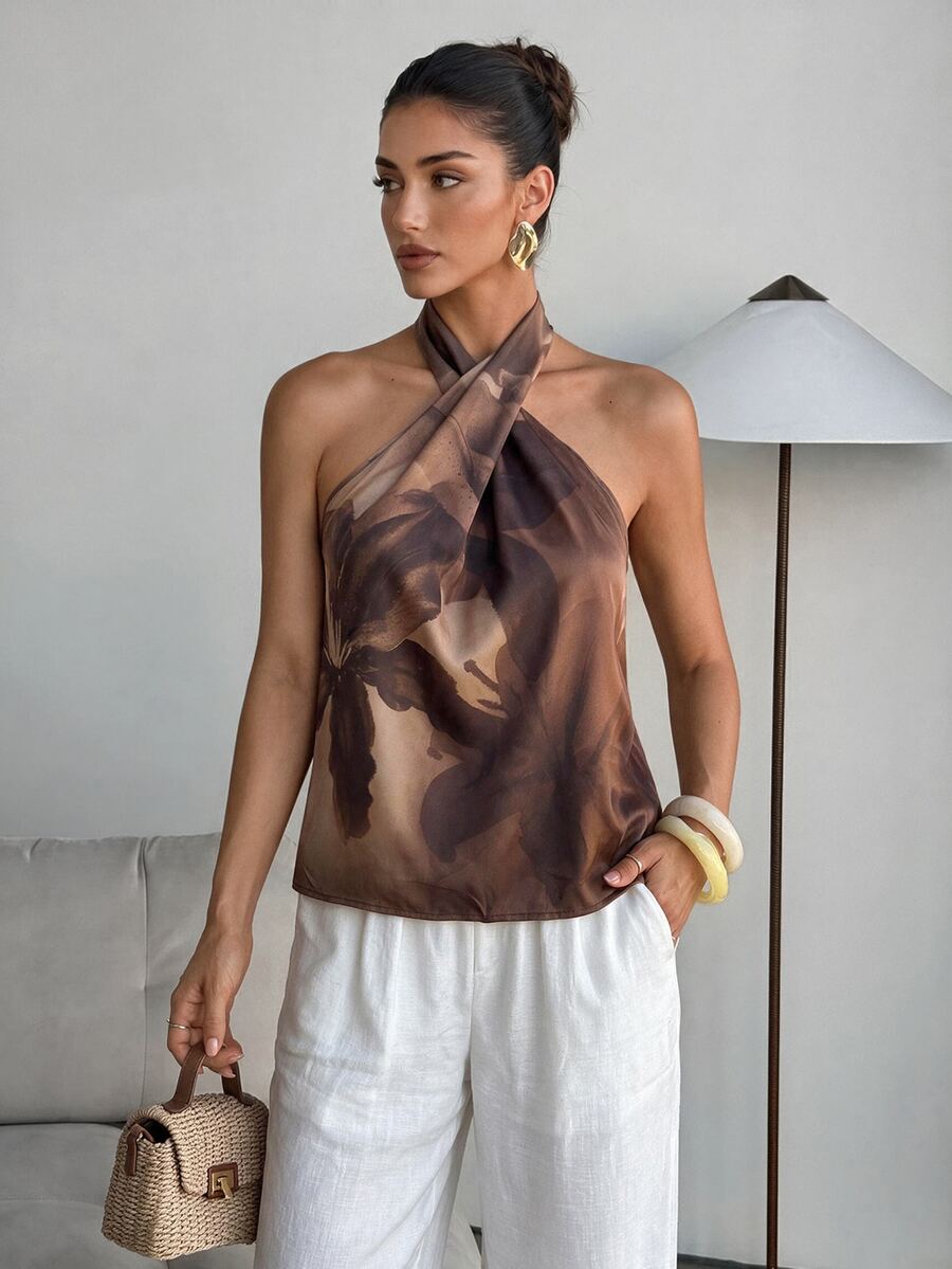 Lavishia Women's Summer Floral Printed Top Romantic Vacation Beach - Coffee Brown - View 1