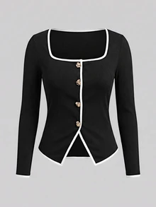 Lavishia Women's Elegant Square Neck Long Sleeve Color Block T-Shirt, Autumn Tops, Suitable For Back To School Season, Commute, Elegant - Black and White - View 6