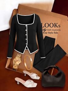 Lavishia Women's Elegant Square Neck Long Sleeve Color Block T-Shirt, Autumn Tops, Suitable For Back To School Season, Commute, Elegant - Black and White - View 7