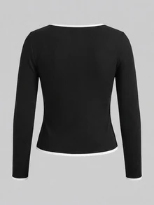 Lavishia Women's Elegant Square Neck Long Sleeve Color Block T-Shirt, Autumn Tops, Suitable For Back To School Season, Commute, Elegant - Black and White - View 5