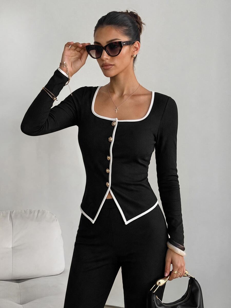Lavishia Women's Elegant Square Neck Long Sleeve Color Block T-Shirt, Autumn Tops, Suitable For Back To School Season, Commute, Elegant - Black and White - View 1