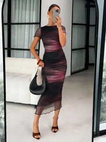 Lavishia Women Floral Print Short Sleeve Long Dress, Fashion For Spring/Summer - Burgundy - View 4