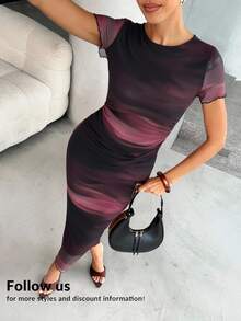 Lavishia Women Floral Print Short Sleeve Long Dress, Fashion For Spring/Summer - Burgundy - View 2
