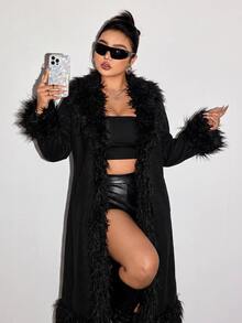 SHEIN CURVE+ Plus Size Women Solid Color Patchwork Faux Fur Long Sleeve Fashion Autumn Winter Jacket - Black - View 6