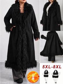SHEIN CURVE+ Plus Size Women Solid Color Patchwork Faux Fur Long Sleeve Fashion Autumn Winter Jacket - Black - View 1