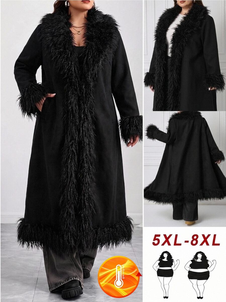 SHEIN CURVE+ Plus Size Women Solid Color Patchwork Faux Fur Long Sleeve Fashion Autumn Winter Jacket - Black - View 1