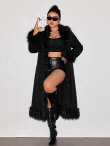 SHEIN CURVE+ Plus Size Women Solid Color Patchwork Faux Fur Long Sleeve Fashion Autumn Winter Jacket - Black - View 4