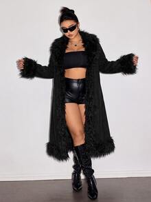 SHEIN CURVE+ Plus Size Women Solid Color Patchwork Faux Fur Long Sleeve Fashion Autumn Winter Jacket - Black - View 5
