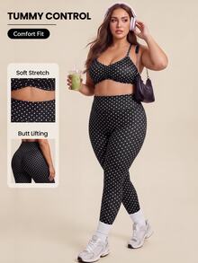 Rhythm Era Women's Plus Size Polka Dot Print Cropped Tank Top And Leggings Sports Set - Black - View 1