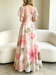 Seusyu 粉色大碎花女款法式風格洋裝，時尚方領百褶荷葉袖設計，夏季收腰長款碎花度假洋裝，適合夏季假期與日常穿著 - 彩色 - 查看 2