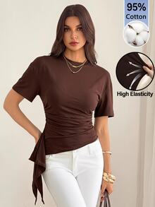 SHEIN Tall Solid Ruched Draped Side Slim Waist Top Date Work Everyday Dark Brown Summer Casual - Brown - View 5