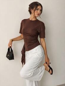 SHEIN Tall Solid Ruched Draped Side Slim Waist Top Date Work Everyday Dark Brown Summer Casual - Brown - View 2