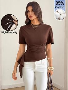 SHEIN Tall Solid Ruched Draped Side Slim Waist Top Date Work Everyday Dark Brown Summer Casual - Brown - View 6
