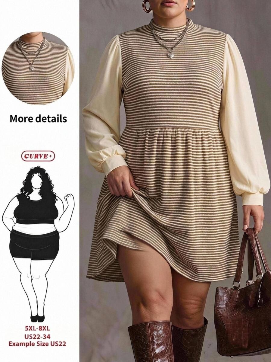 SHEIN CURVE+ 女款大尺碼 22W 高領拼接連身裙,秋冬款 - 彩色 - 查看 1