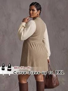 SHEIN CURVE+ 女款大尺碼 22W 高領拼接連身裙，秋冬款 - 彩色 - 查看 7