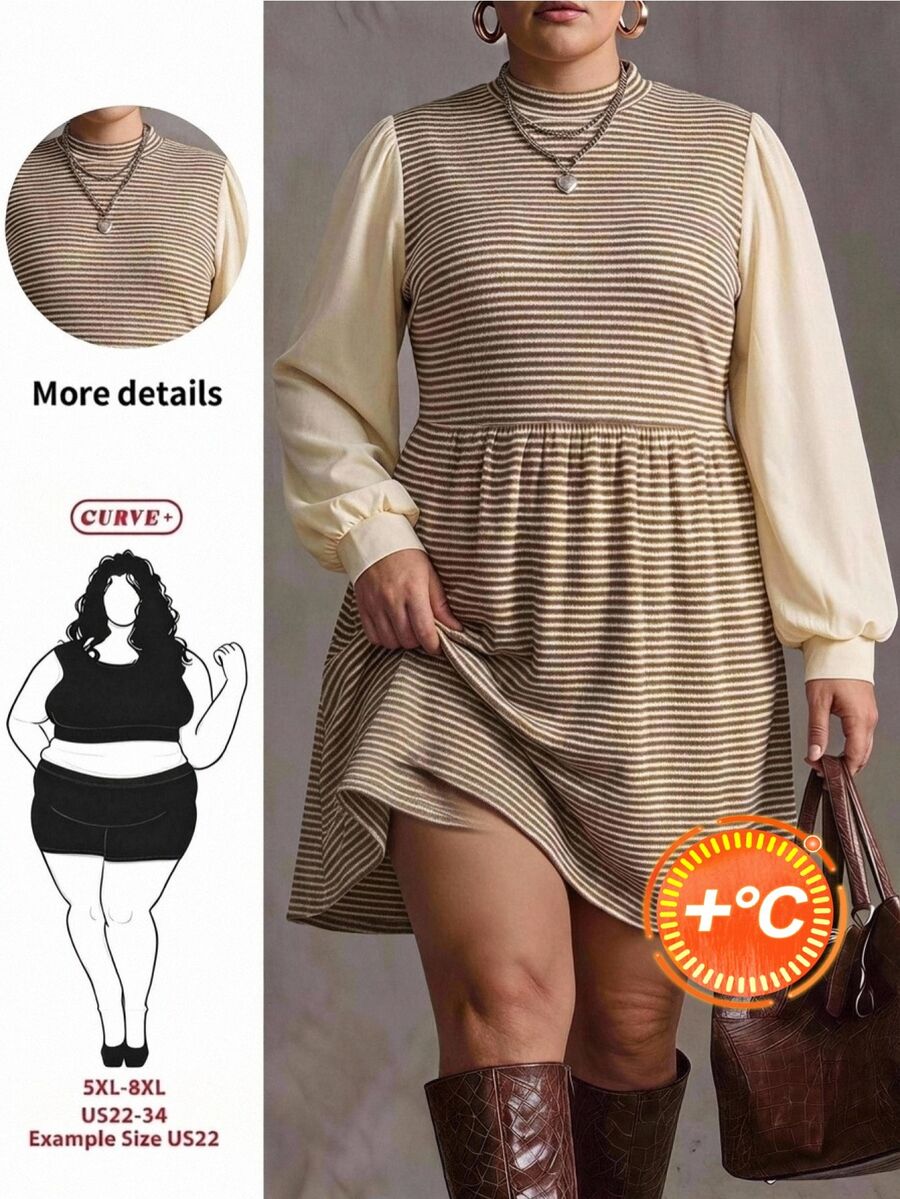 SHEIN CURVE+ Women Plus Size Dress 22W, Autumn/Winter High Neck Patchwork Dress Fall - Multicolor - View 1