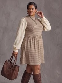 SHEIN CURVE+ 女款大尺碼 22W 高領拼接連身裙，秋冬款 - 彩色 - 查看 5