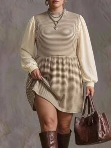 SHEIN CURVE+ 女款大尺碼 22W 高領拼接連身裙，秋冬款 - 彩色 - 查看 2
