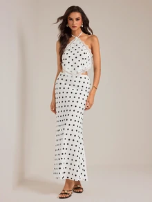 SHEIN Tall Polka Dot Woven Tube Top + Long Pants Set, 2 Pieces Vacation Casual Outfit - White - View 4