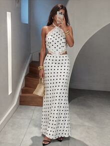 SHEIN Tall Polka Dot Woven Tube Top + Long Pants Set, 2 Pieces Vacation Casual Outfit - White - View 2