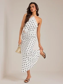 SHEIN Tall Polka Dot Woven Tube Top + Long Pants Set, 2 Pieces Vacation Casual Outfit - White - View 6