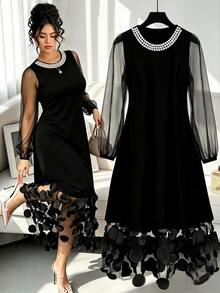 GlowEve CURVE Plus Size Women's Fashion Casual Loose Comfortable Everyday All-Match Versatile Black Pearl Round Neck Mesh Petal Sleeve Patchwork Midi Dress - Black - View 1